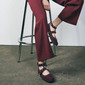Zara Studded Suede Ballet Flats - Burgundy Red - Size 10 - Ankle Strap - Chic